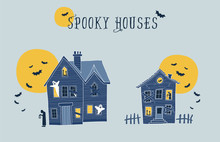 Set Of Two Halloween Spooky Houses Vector Illustrations. Each Element On A Different Layer