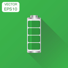 Wall Mural - Battery charge level indicator icon. Business concept battery pictogram. Vector illustration on green background with long shadow.