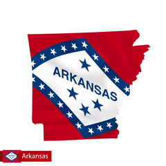 Arkansas state map with waving flag of US State.