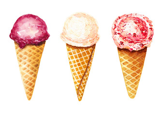 Wall Mural - Set of three watercolor ice cream in waffle cone