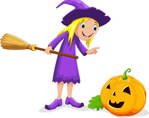 Vector illustration of cartoon witch and pumpkin isolated on white background