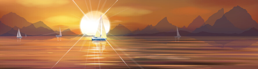 Wall Mural - Vector sunset sea and yachts.