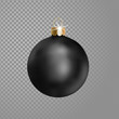 Matted black Christmas ball tree decoration. 3d realistic isolated on transparent background design element. New Year round adornment golden metallic hanging vector illustration.