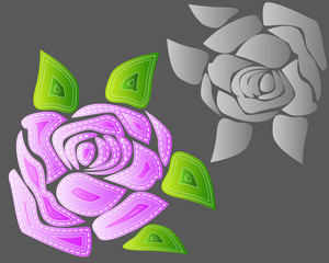 Roses, elements of design with the effect of volume. Bud, flower, leaves drawn in sewing style, patches, seam