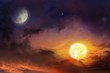 Sun in space . Moon sun and stars  .  Nebula gas cloud in outer space . Light in dark sky . beautiful cloud . View on night sky  . Moon eclipse  .Religion background . 