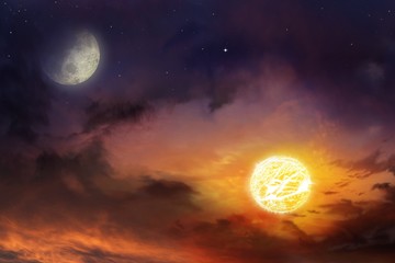 sun in space . moon sun and stars . nebula gas cloud in outer space . light in dark sky . beautiful 