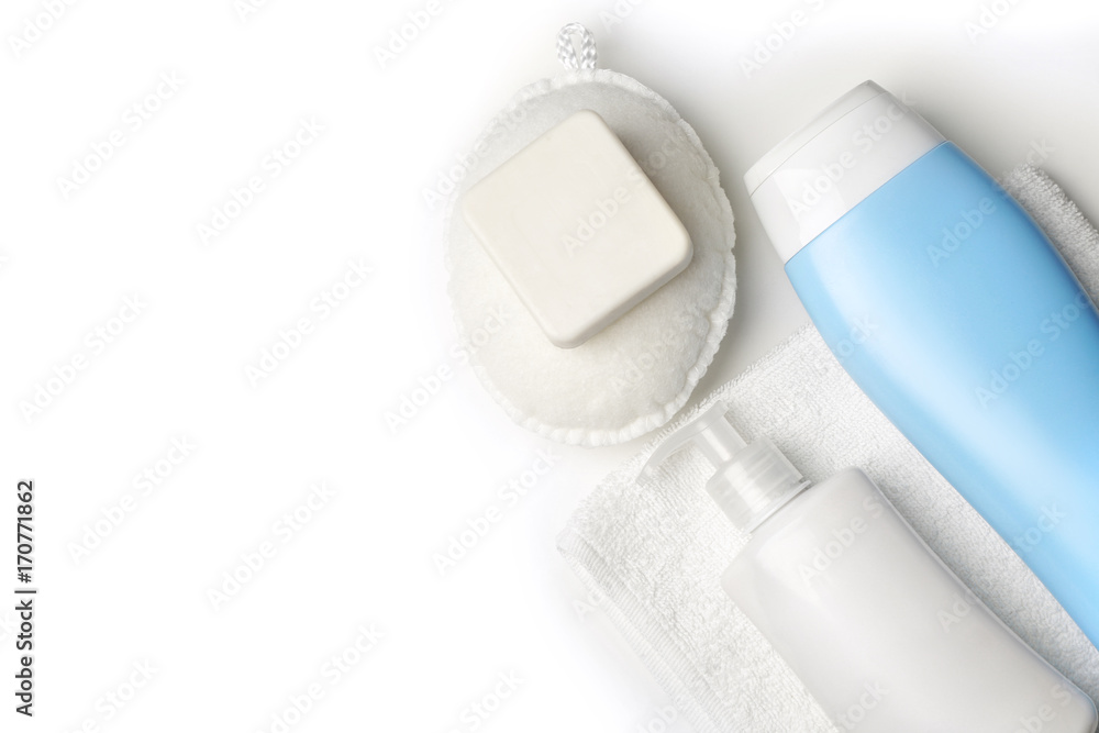 Bath accessories and cosmetics on white background
