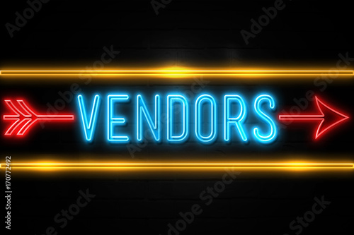 Fotografering Vendors - fluorescent Neon Sign on brickwall Front view