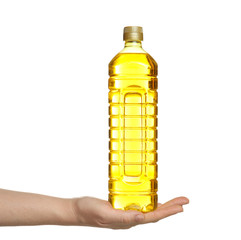 Sticker - Female hand holding bottle of cooking oil on white background