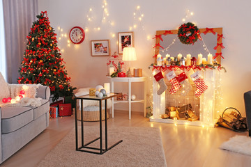 Wall Mural - Room decorated for Christmas and beautiful fir tree