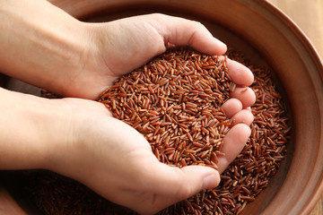 Canvas Print - Female hands full of jasmine brown rice