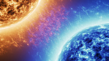 Blue Star Vs Red Star. Red Sun Surface With Solar Flares Against Blue Sun Isolated On Black. Highly Realistic Sun Surface With Space For Your Text Or Logo