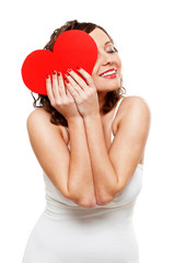 Poster - Young woman holding red paper heart