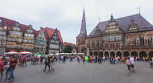 View Of Bremen Market Square With Town Hall, Roland Statue And Crowd Of People, Historical Center, Germany