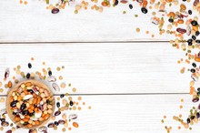 Dry Legumes On White Wooden Background, Top View. Copyspace Background.