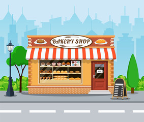 Bakery shop front veiw flat icon.