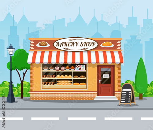 Cuadros en Lienzo Bakery shop front veiw flat icon.