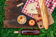 Picnic food and rose wine on green grass with copyspace