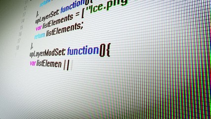 Wall Mural - 3d rendering of the coding information process on a screen shown askew with rapidly moving multicolo
