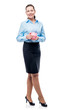 © kosmos111 - successful businesswoman with piggy bank in hands on white background isolated
