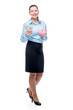 © kosmos111 - Happy businesswoman holds piggy bank and dollars on white background