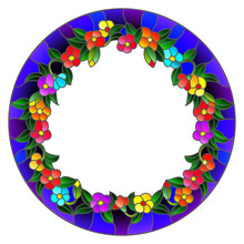 Illustration In Stained Glass Style Flower Frame, Pink Flowers And  Leaves In Blue Frame On A White Background