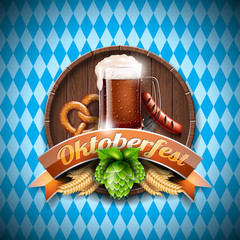 Wall Mural - Oktoberfest vector illustration with fresh dark beer on blue white background. Celebration banner for traditional German beer festival.