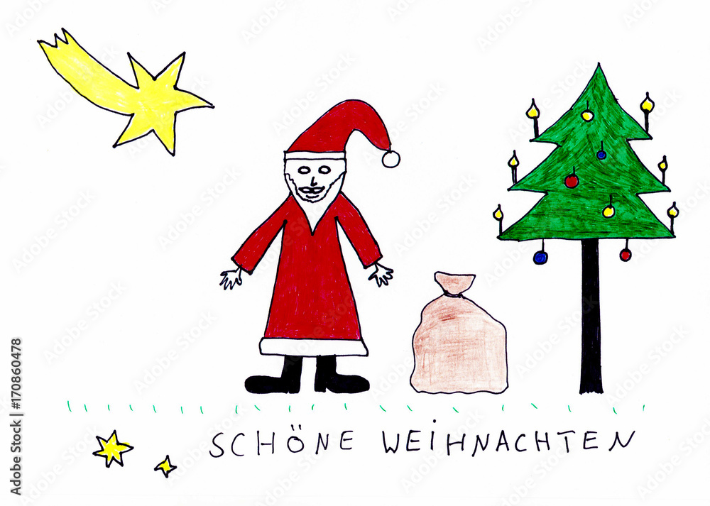 Schöne Weihnachten - Kinder Zeichnung Mit Weihnachtsmann, Tannenbaum