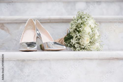White Rose Bouquet And Silver Wedding Shoes Buy This Stock Photo