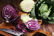 Three Fresh Organic Cabbage Heads. Antioxidant Balanced Diet Eating With Red Cabbage, White Cabbage And Savoy