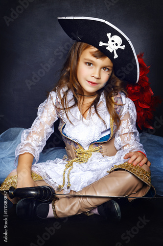 Fotografie, Obraz Little girl in pirate costume. Halloween Concept