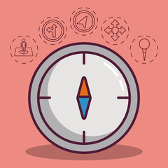 Sticker - compass with navigation and location related icons around over pink background colorful design vector illustraiton