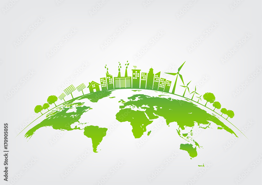 Green city on earth, World environment and sustainable development concept, vector illustration - obrazy, fototapety, plakaty 
