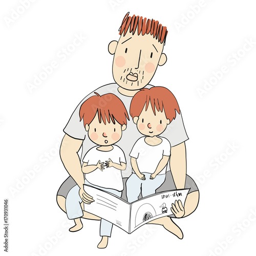 Vector Illustration Of Dad Reading Children Book With His Little Kids Family Concept Happy Father S Day Card Postcard Cartoon Character Drawing Style Isolated On White Background Buy This Stock Vector,Short Drawing Easy For Kids