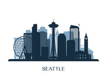 Seattle Skyline, Monochrome Silhouette. Vector Illustration.