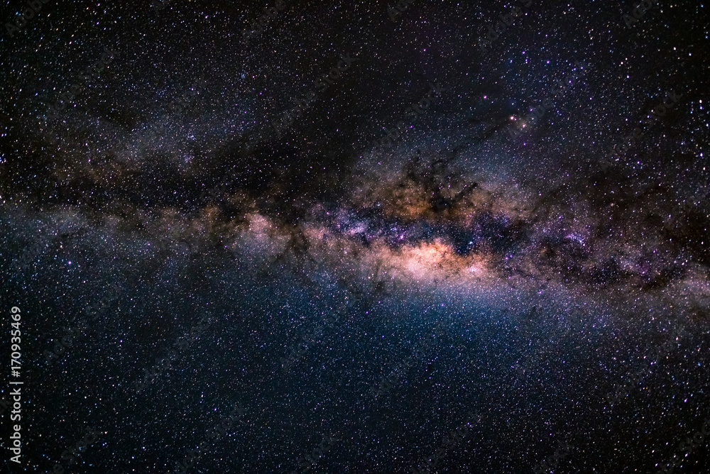 The austral Milky Way, with details of its colorful core, outstandingly bright. Captured from the Southern Hemisphere. - obrazy, fototapety, plakaty 