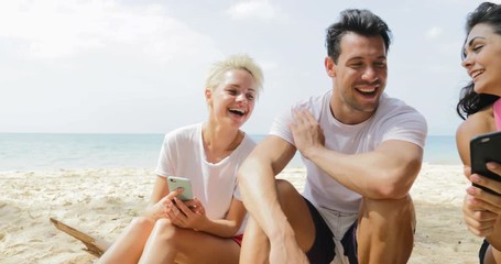 Sticker - People Sitting On Beach Using Cell Smart Phones Talking, Young Men And Women Communication Tourists Group Slow Motion 60