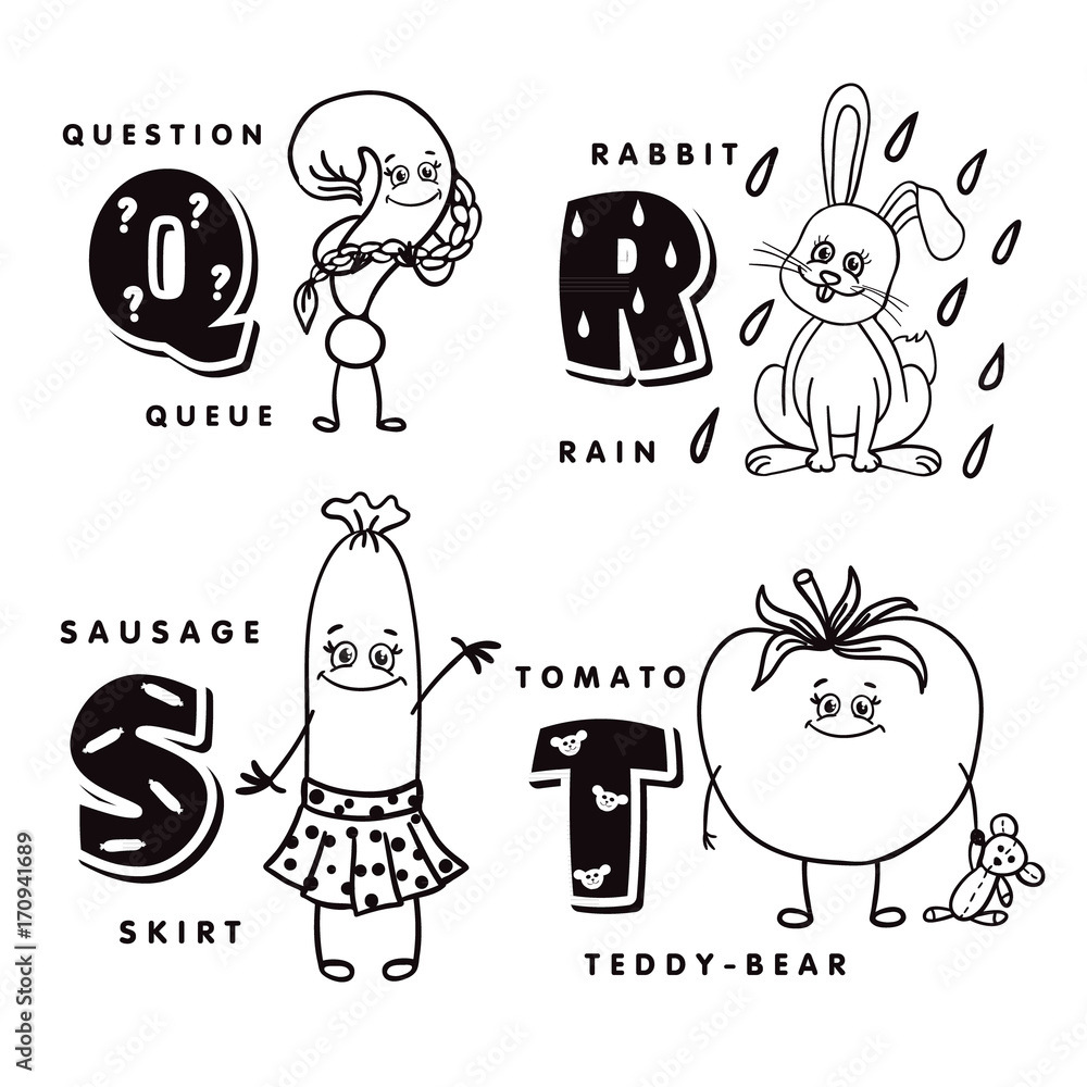 Alphabet letter Q R S T depicting an question, rabbit, sausage and ...