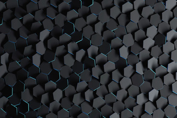 abstract background with black randomly arranged hexagons. futuristic backdrop with hexagonal black 