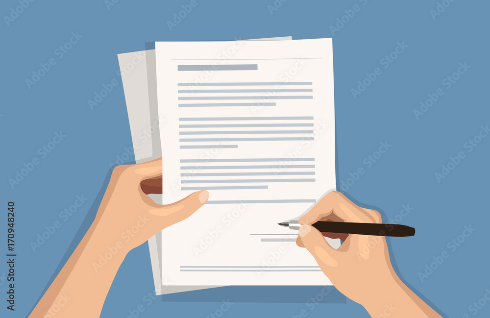 Flat vector illustration of man writing signature on contract document on blue background - obrazy, fototapety, plakaty 