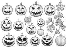 Halloween Pumkin Head Collection Illustration, Drawing, Engraving, Ink, Line Art, Vector