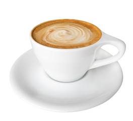 Hot coffee latte cappuccino spiral foam isolated on white background, clipping path included