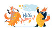 Color cartoon set, drawing - cute wild foxes celebrate coming of autumn. Fox female sings, dances, fox plays melody on double bass, on background of text - Hello, Autumn. Vector isolated illustration.