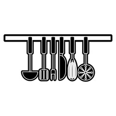 Sticker - flat line monocromatic ladles   over white  background vector illustration