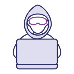 Sticker - cyber thief avatar character with laptop vector illustration design