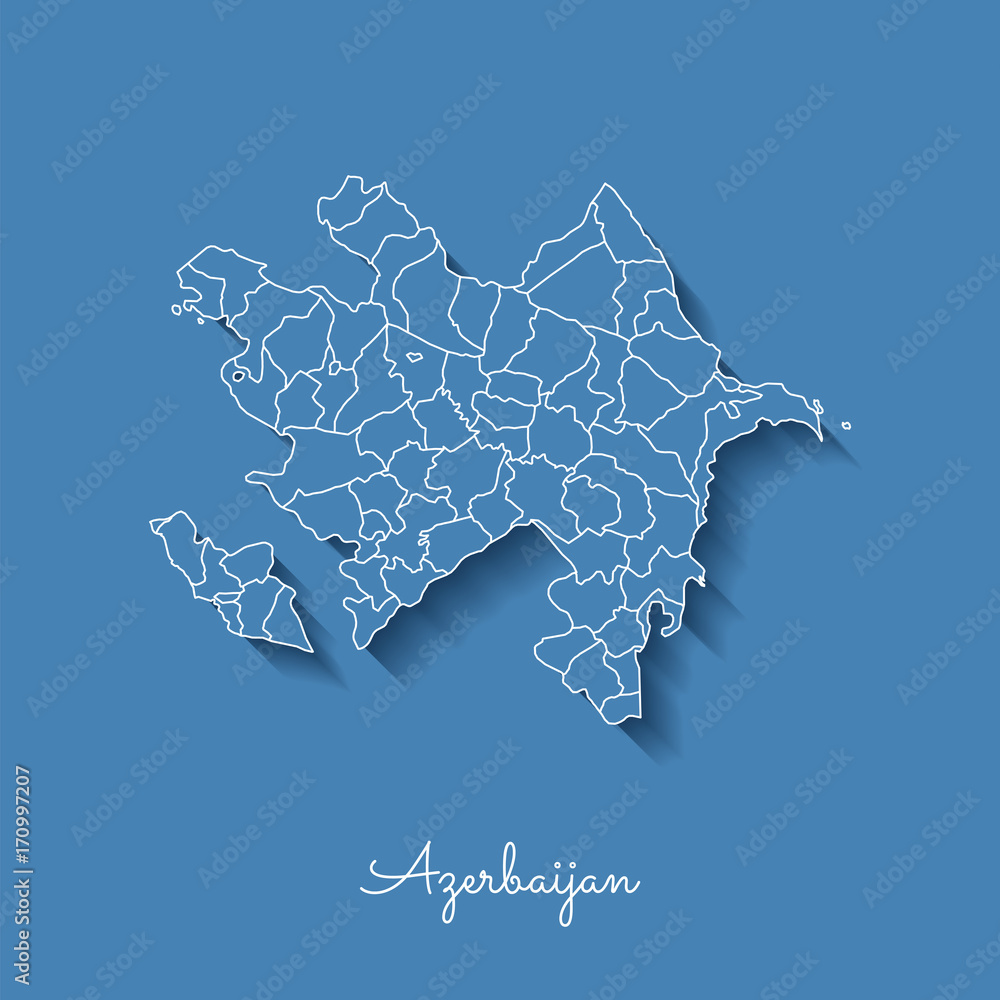 Azerbaijan Region Map Blue With White Outline And Shadow On Blue