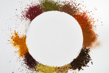 Colorful Circle Frame Of Spices And Herbs Isolated On White