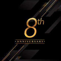 eight years anniversary celebration logotype. 8th anniversary logo golden colored isolated on black background, vector design for greeting card and invitation card.