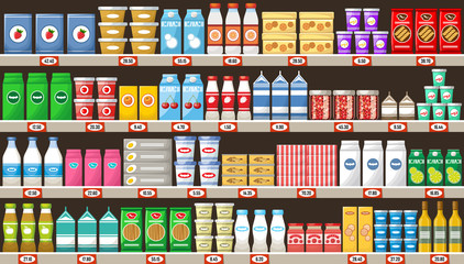 Supermarket, shelves with products and drinks