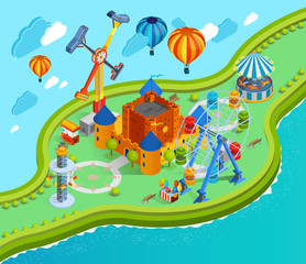 Wall Mural - Amusement Park Isometric Cartoon Composition